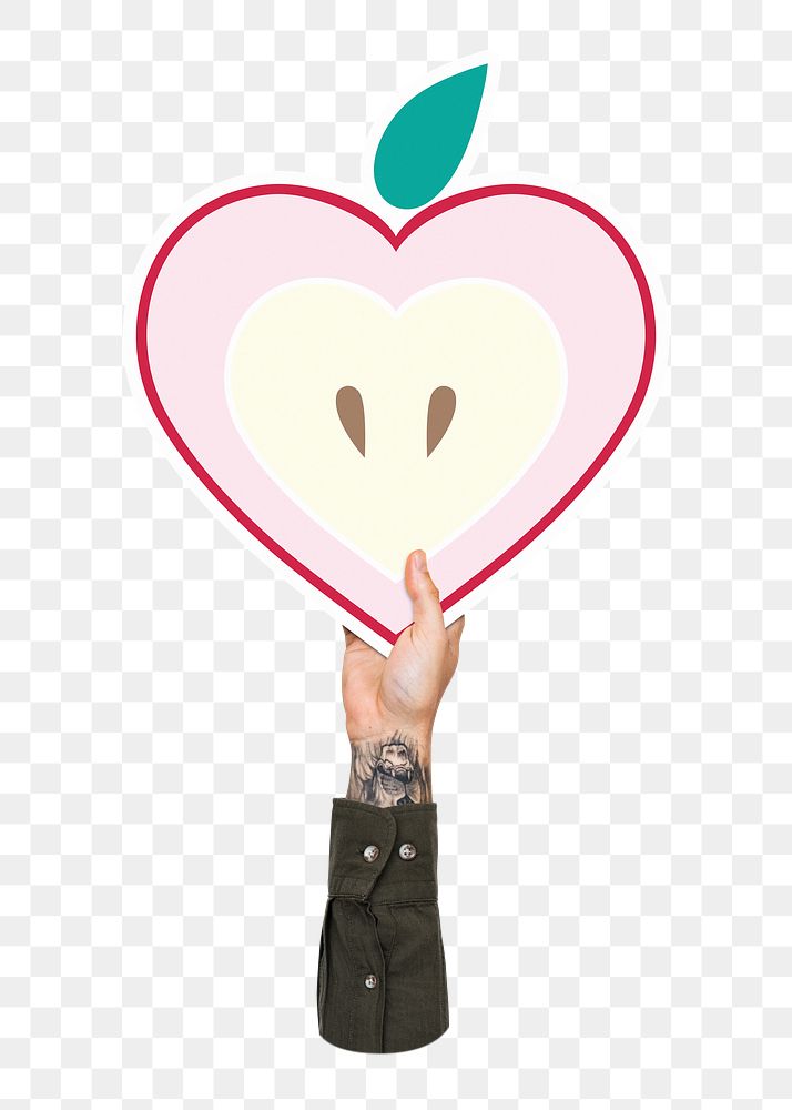 Hand holding png apple sticker, transparent background