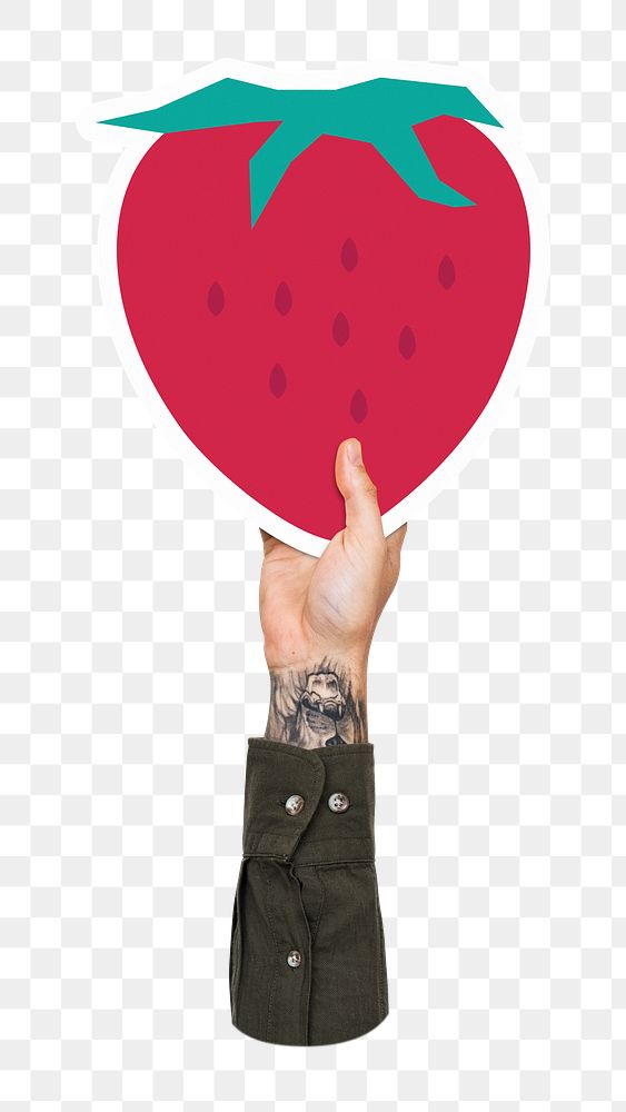 Hand holding png strawberry sticker, transparent background