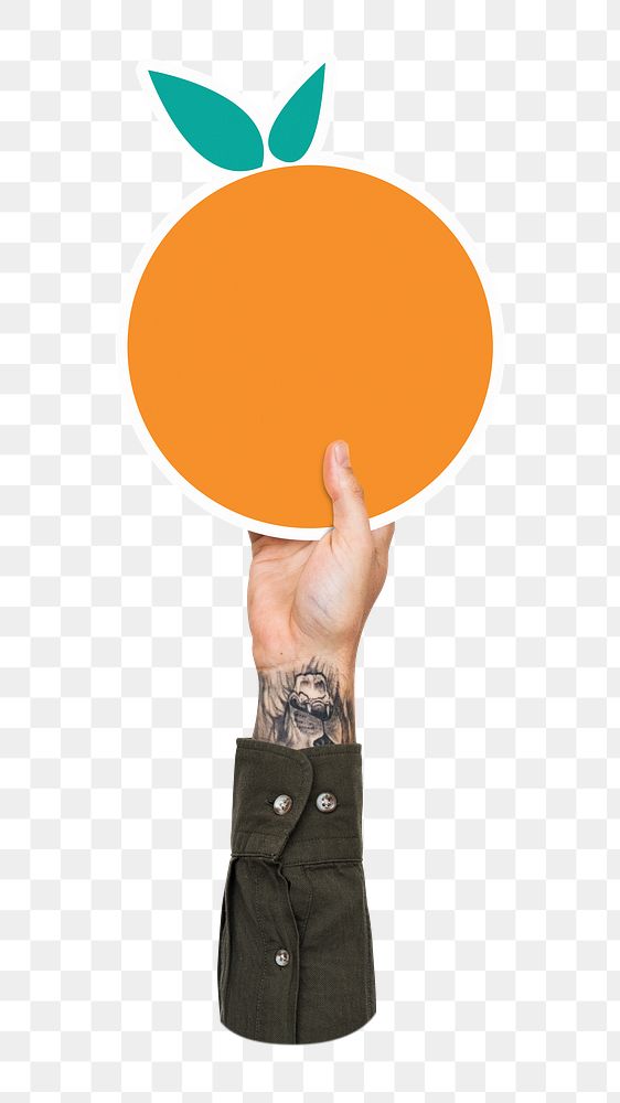 Hand holding png orange sticker, transparent background