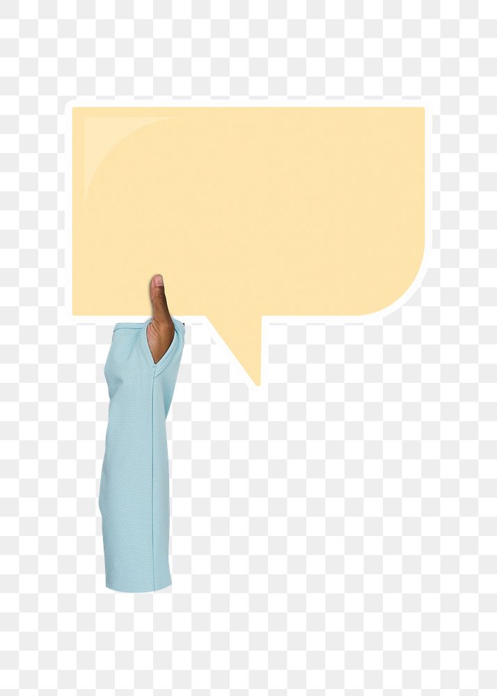 Hand holding png speech bubble sticker, transparent background