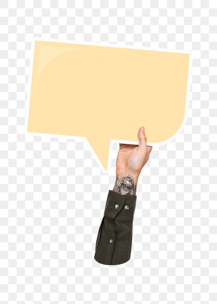 Hand holding png speech bubble sticker, transparent background