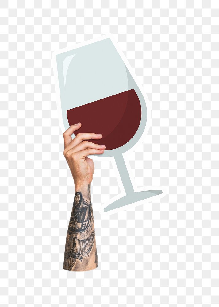Hand holding png wine glass sticker, transparent background