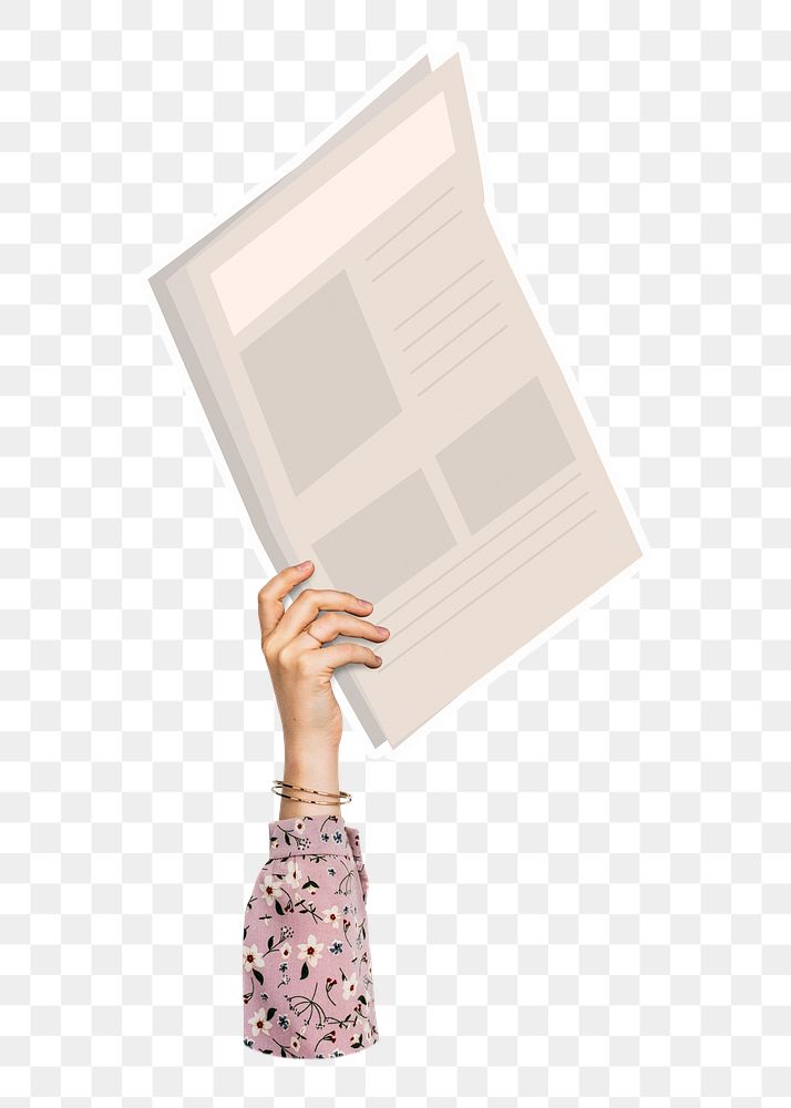 Hand holding png newspaper clipart, transparent background