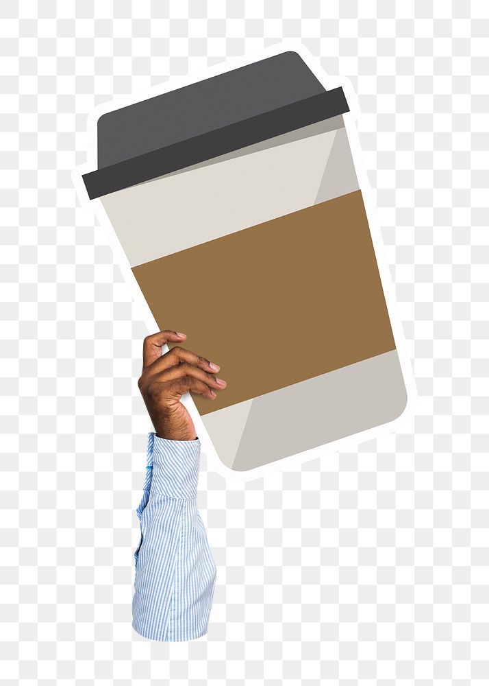 Hand holding png coffee cup sticker, transparent background