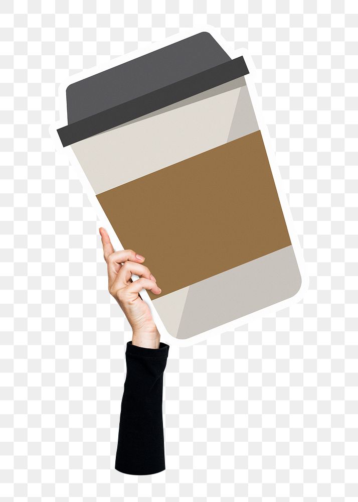 Hand holding png coffee cup sticker, transparent background