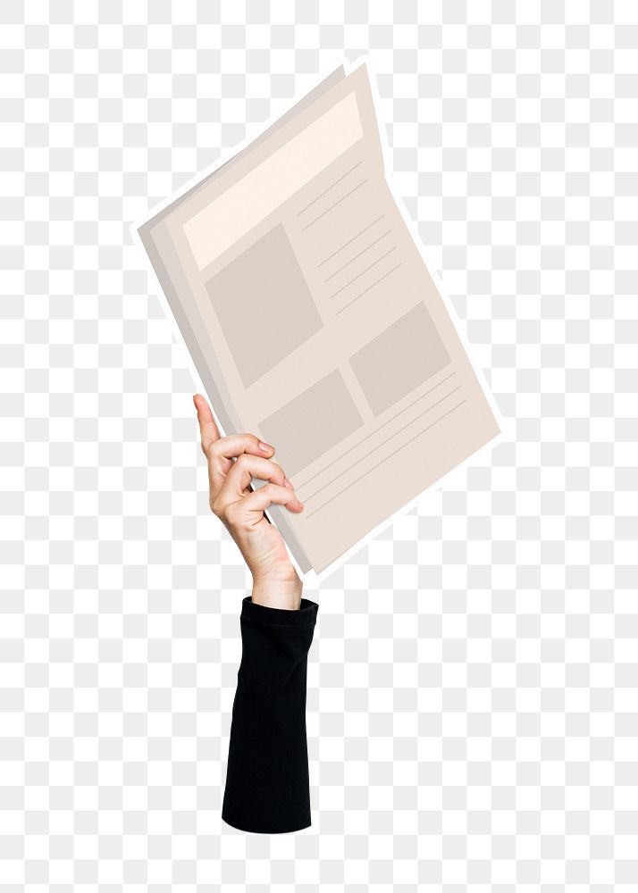 Hand holding png newspaper clipart, transparent background