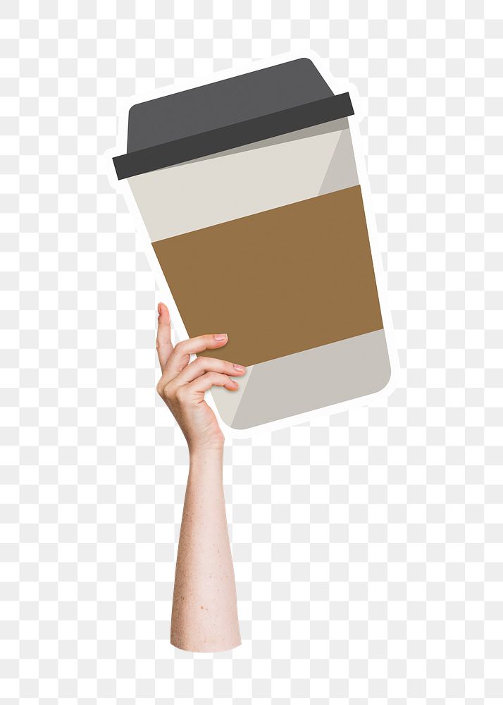 Hand holding png coffee cup sticker, transparent background