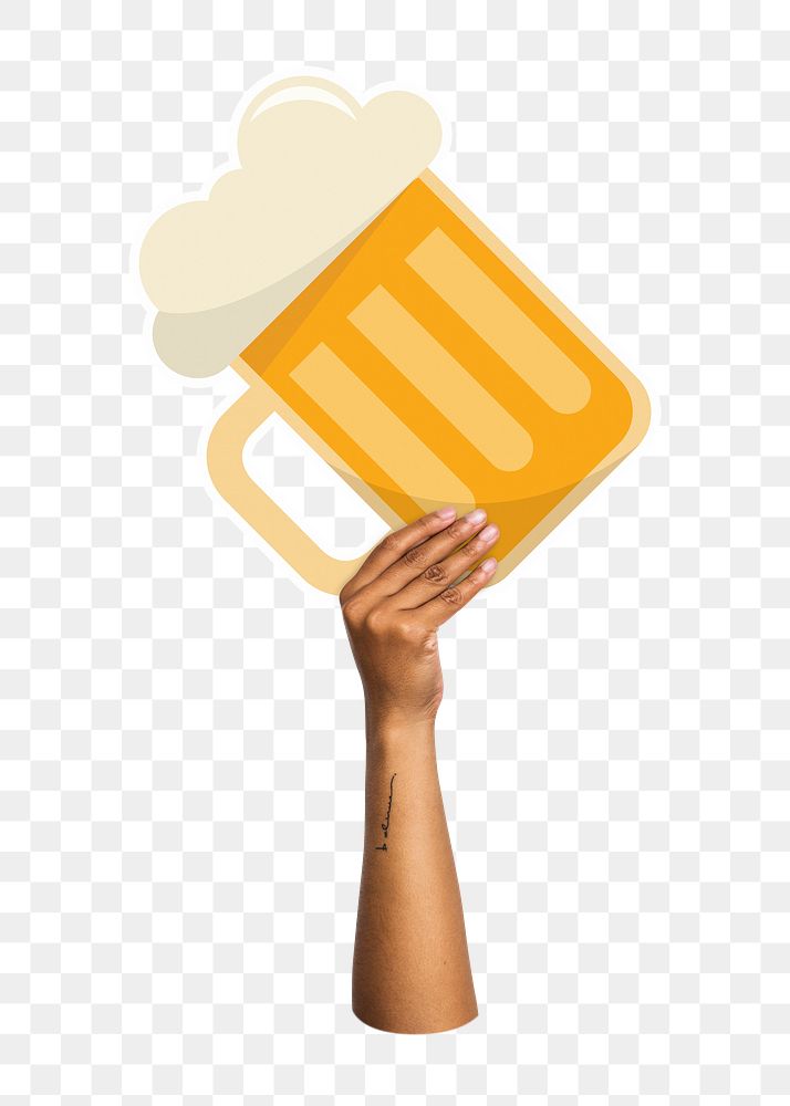 Hand holding png beer glass sticker, transparent background