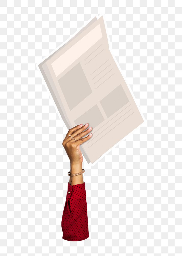 Hand holding png newspaper clipart, transparent background
