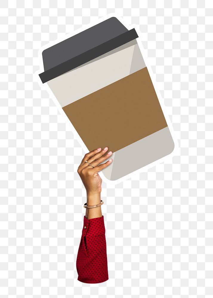 Hand holding png coffee cup sticker, transparent background