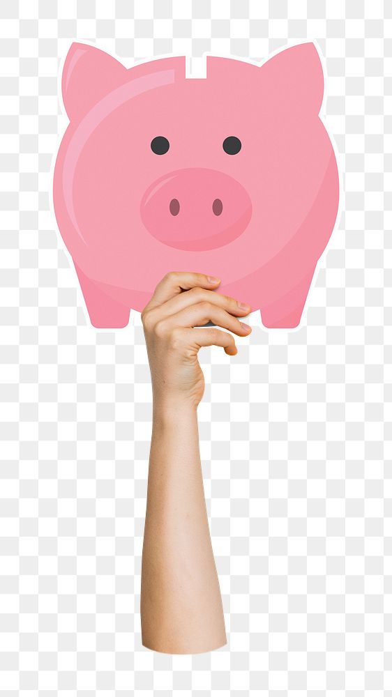 Hand holding png piggy bank sticker, transparent background