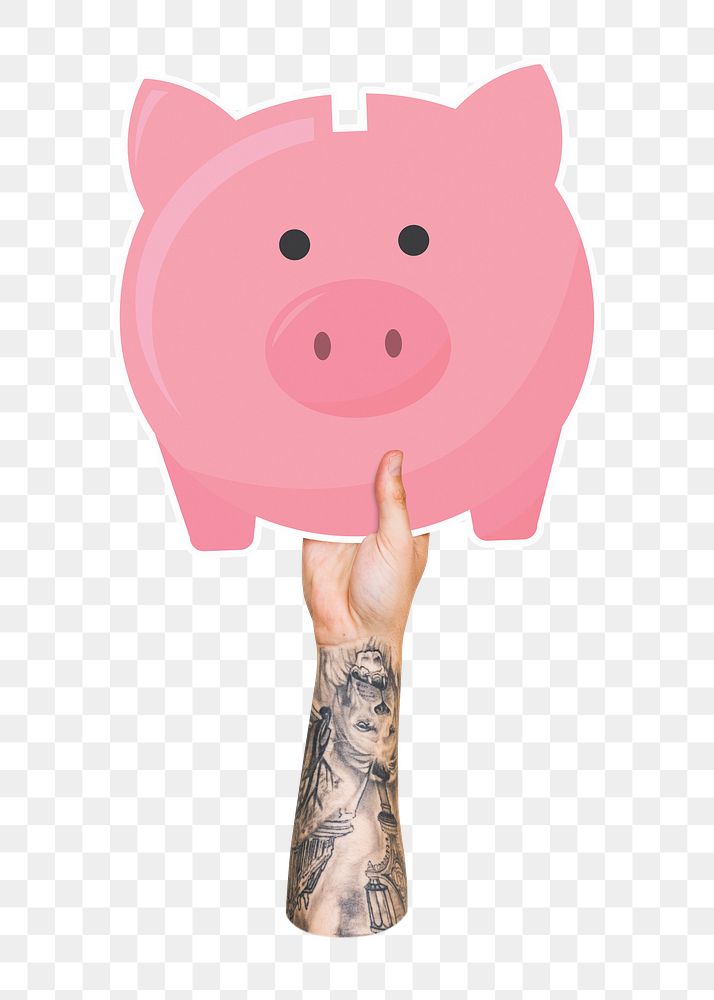 Hand holding png piggy bank sticker, transparent background