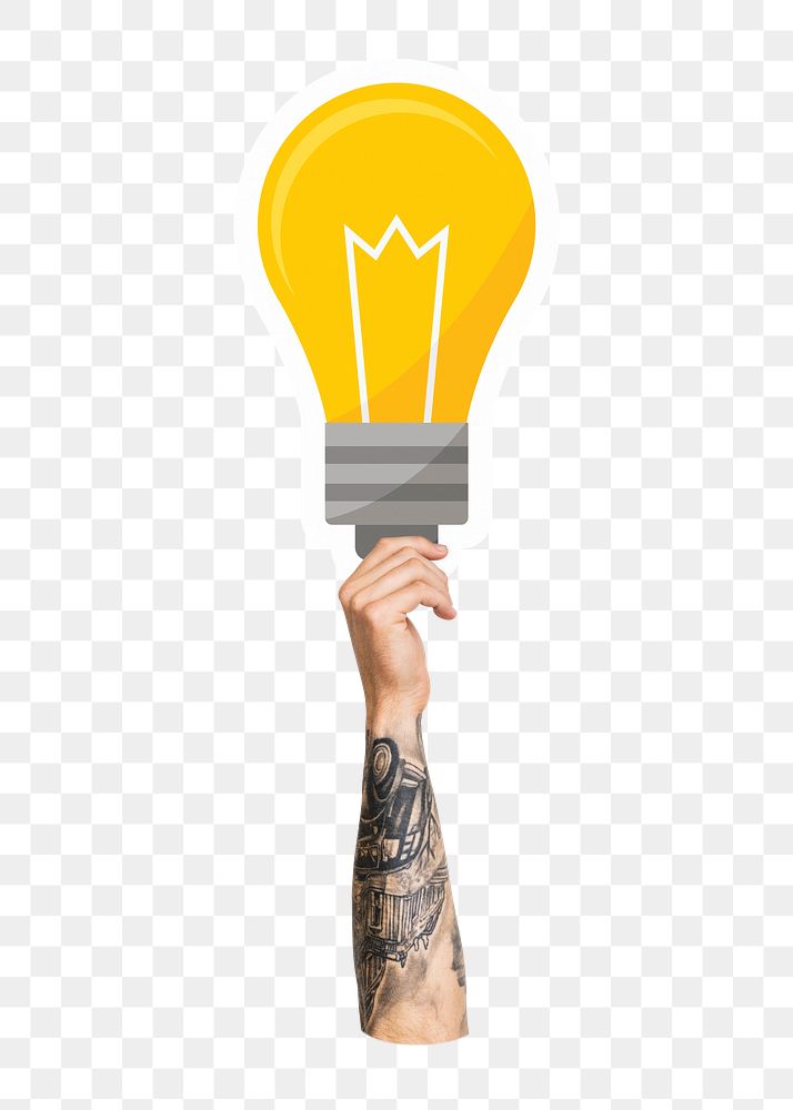 Hand holding png light bulb clipart, transparent background