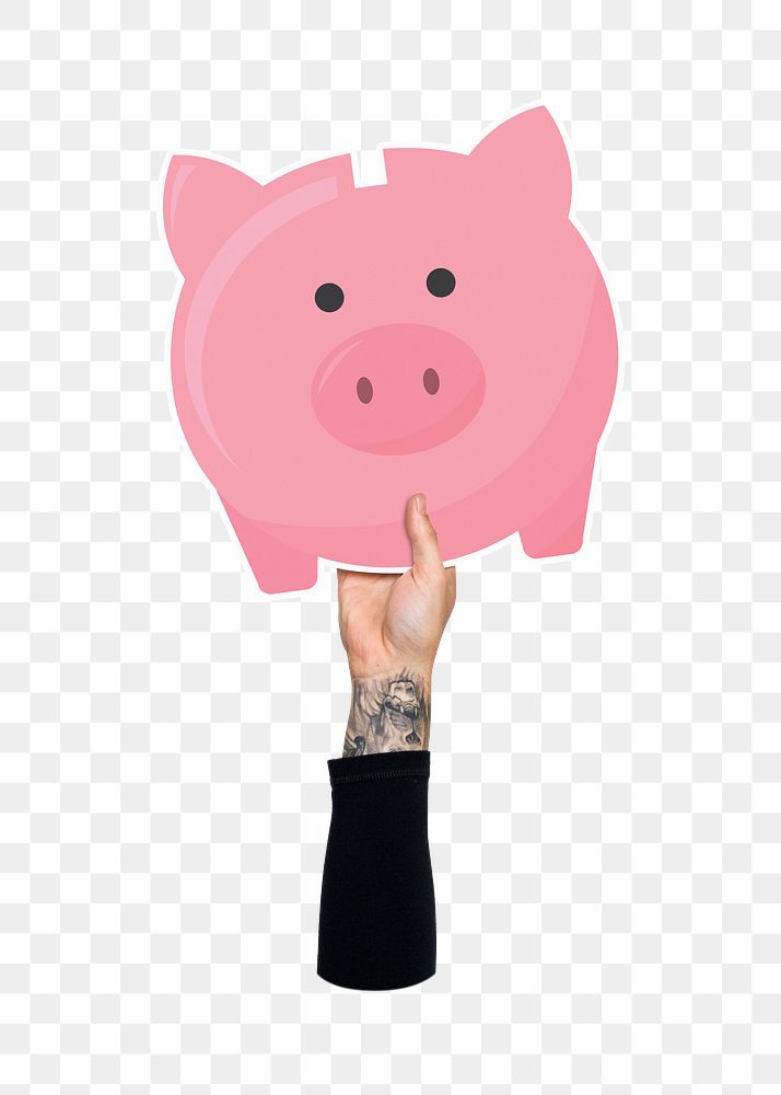 Hand holding png piggy bank sticker, transparent background