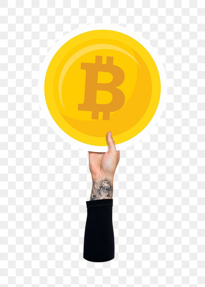 Hand holding png bitcoin sticker, transparent background