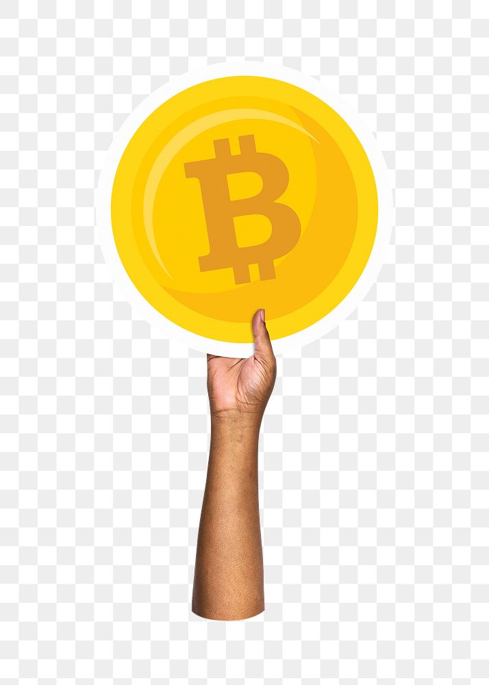 Hand holding png bitcoin sticker, transparent background