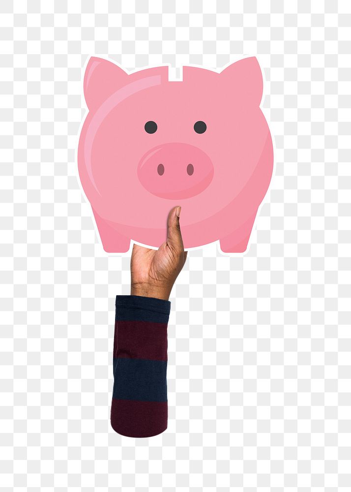 Hand holding png piggy bank sticker, transparent background