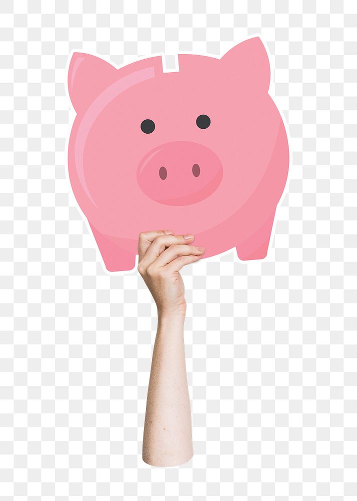 Hand holding png piggy bank sticker, transparent background