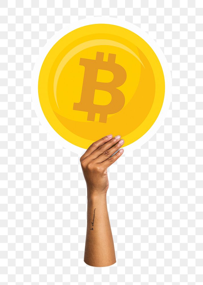 Hand holding png bitcoin sticker, transparent background