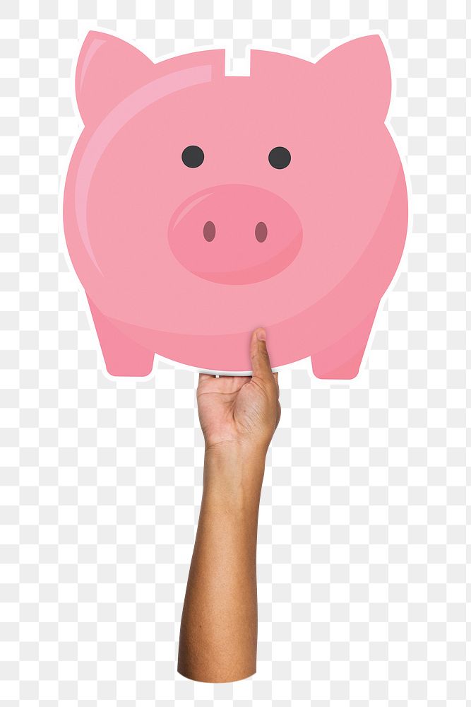 Hand holding png piggy bank sticker, transparent background