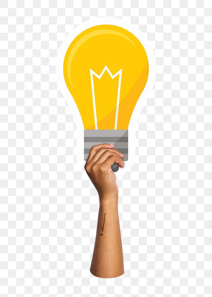 Hand holding png light bulb sticker, transparent background