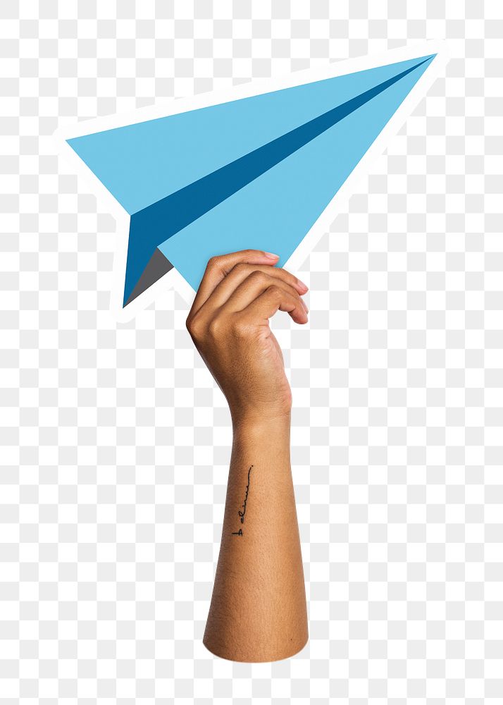 Hand holding png paper plane sticker, transparent background