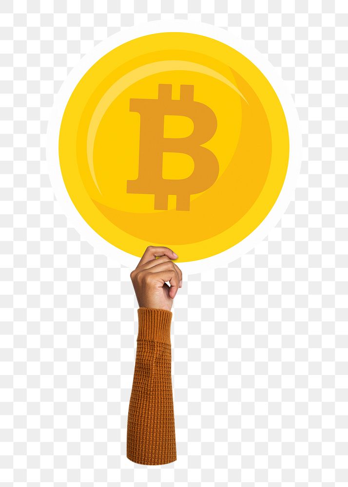 Hand holding png bitcoin sticker, transparent background