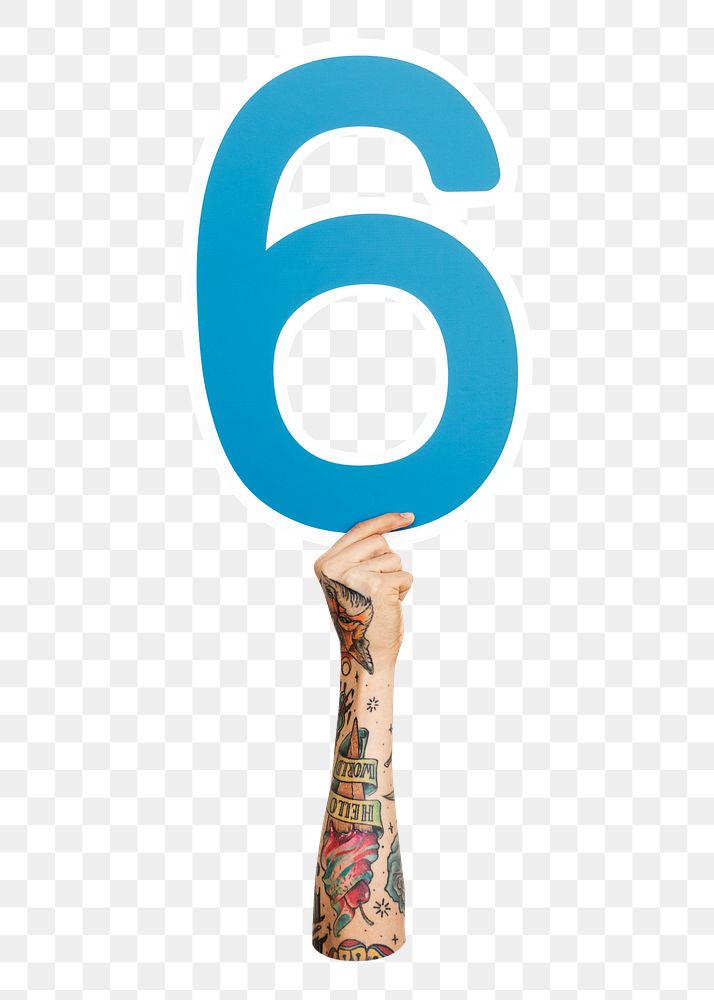 Number 6 png hand holding sign, transparent background