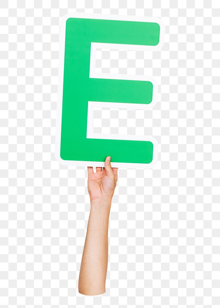 Letter E png hand holding sign, transparent background