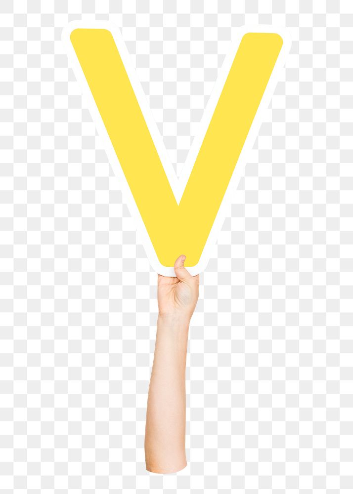 Letter V png hand holding sign, transparent background