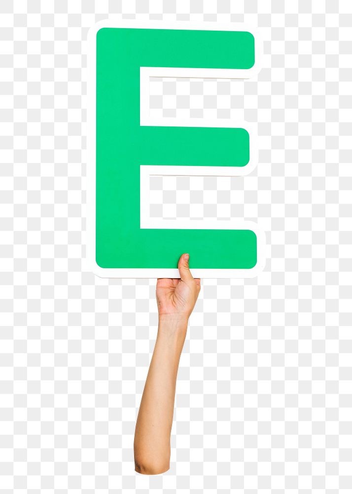 Letter E png hand holding sign, transparent background