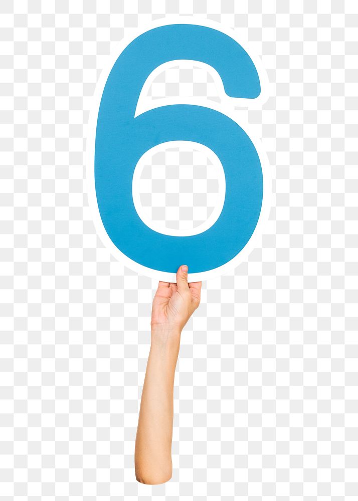 Number 6 png hand holding sign, transparent background