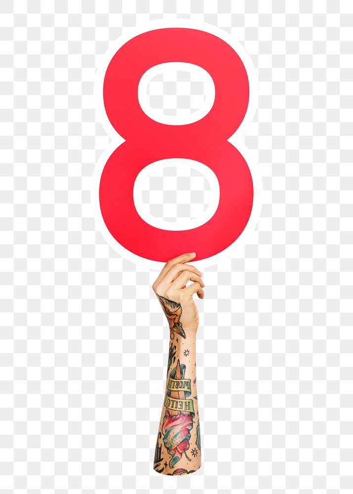 Number 8 png hand holding sign, transparent background