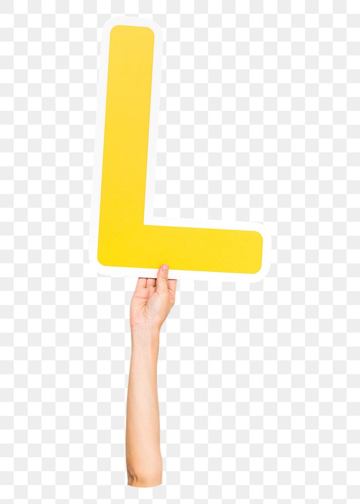 Letter L png hand holding sign, transparent background