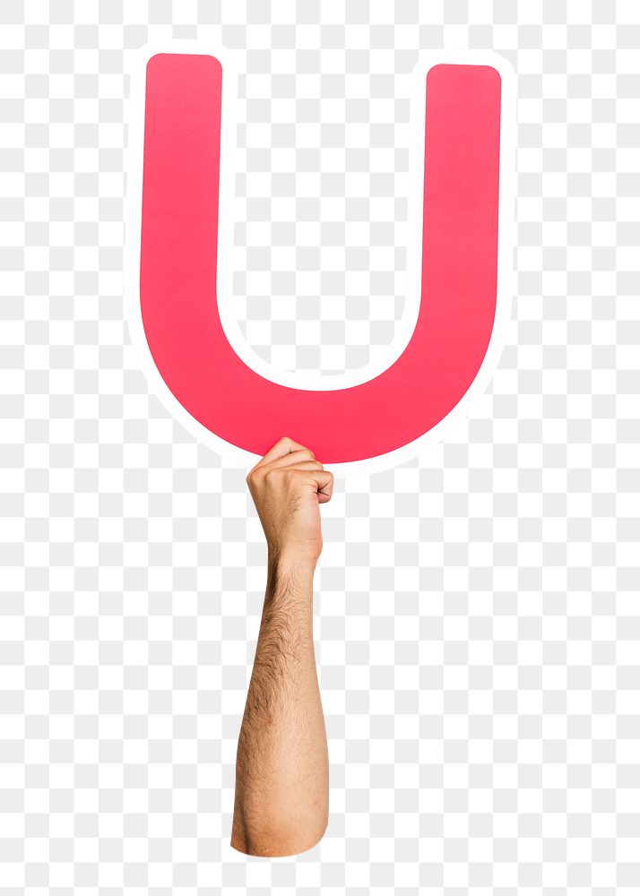 Letter U png hand holding sign, transparent background