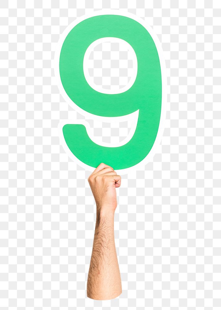 Number 9 png hand holding sign, transparent background