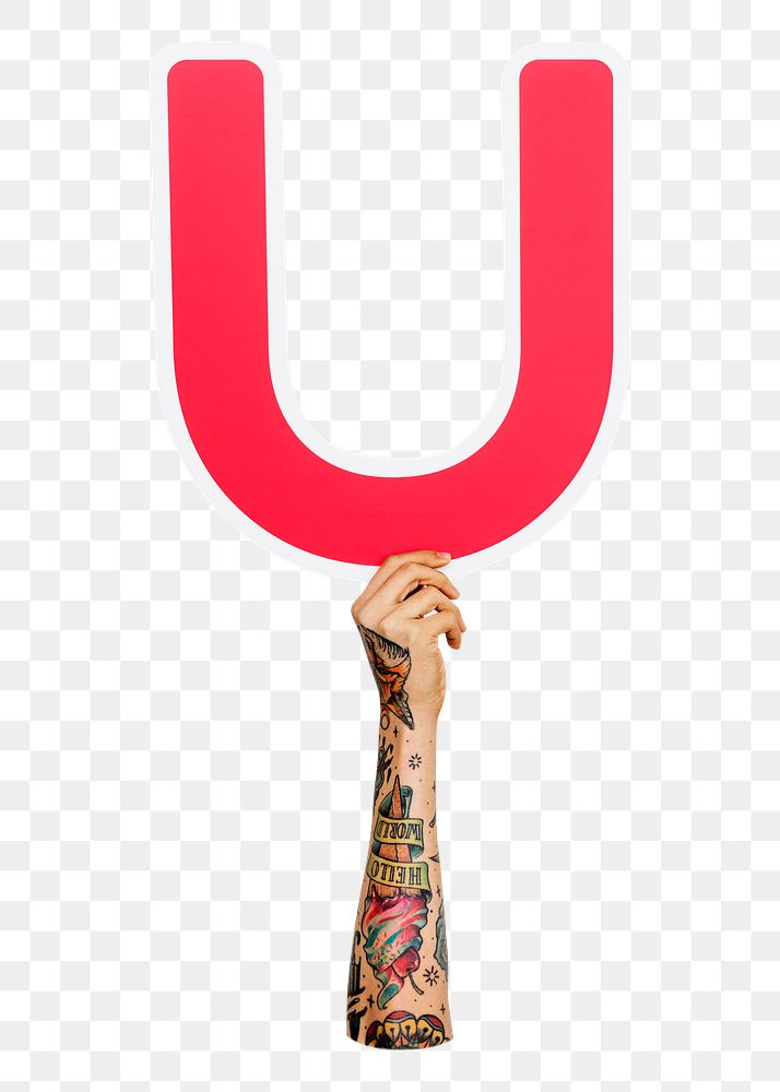 Letter U png hand holding sign, transparent background