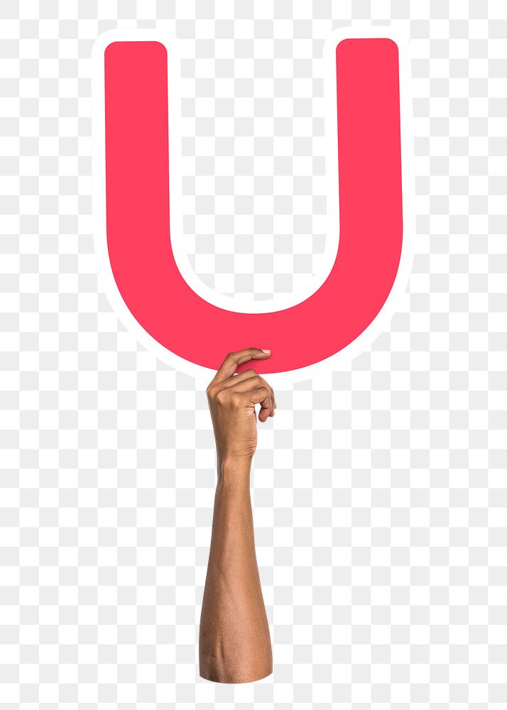 Letter U png hand holding sign, transparent background