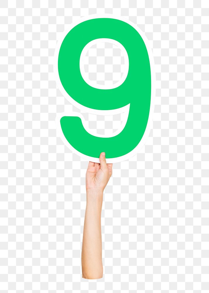 Number nine png hand holding sign, transparent background