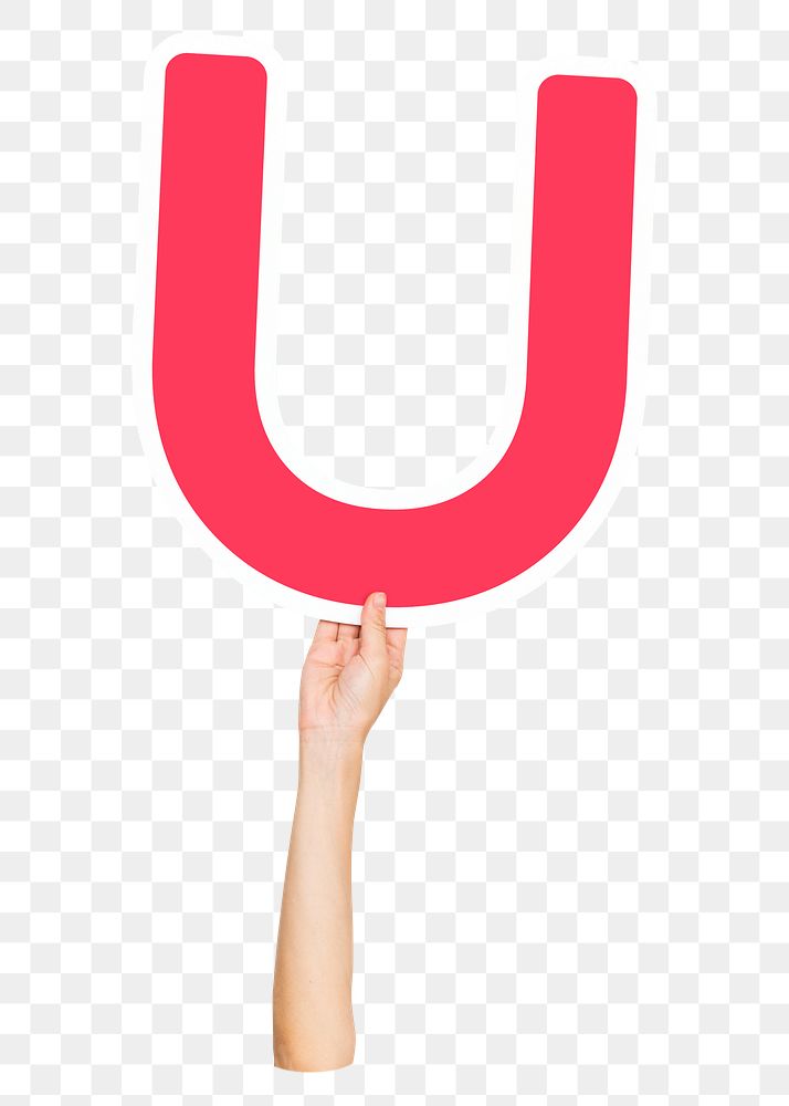 Letter U png hand holding sign, transparent background