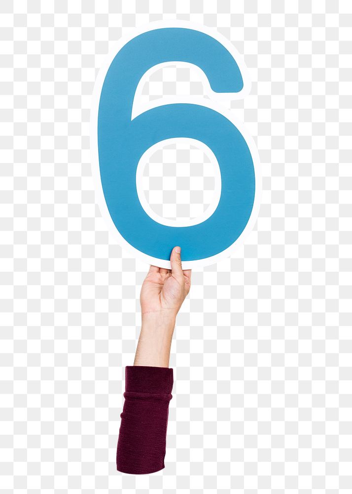 Number 6 png hand holding sign, transparent background