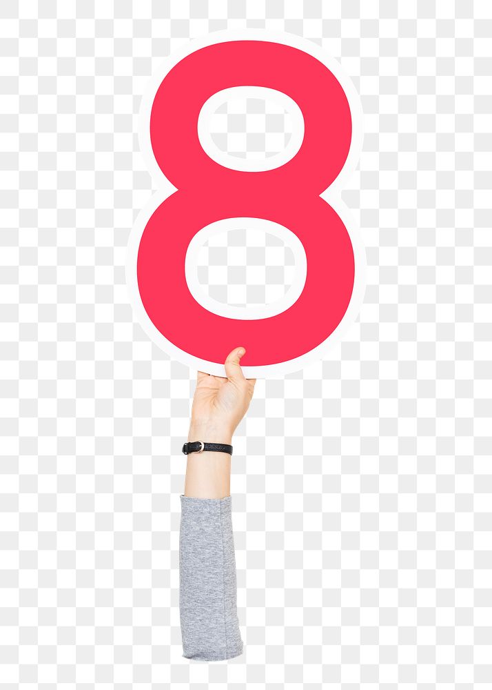 Number eight png hand holding sign, transparent background