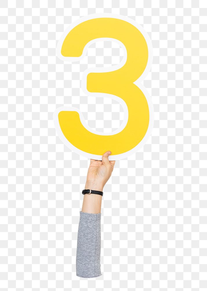 Number three png hand holding sign, transparent background