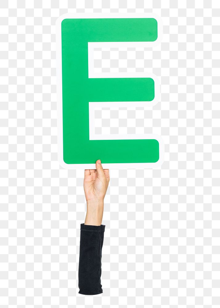 Letter E png hand holding sign, transparent background