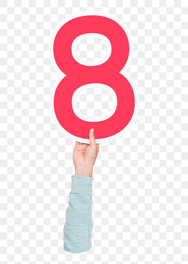 Number eight png hand holding sign, transparent background