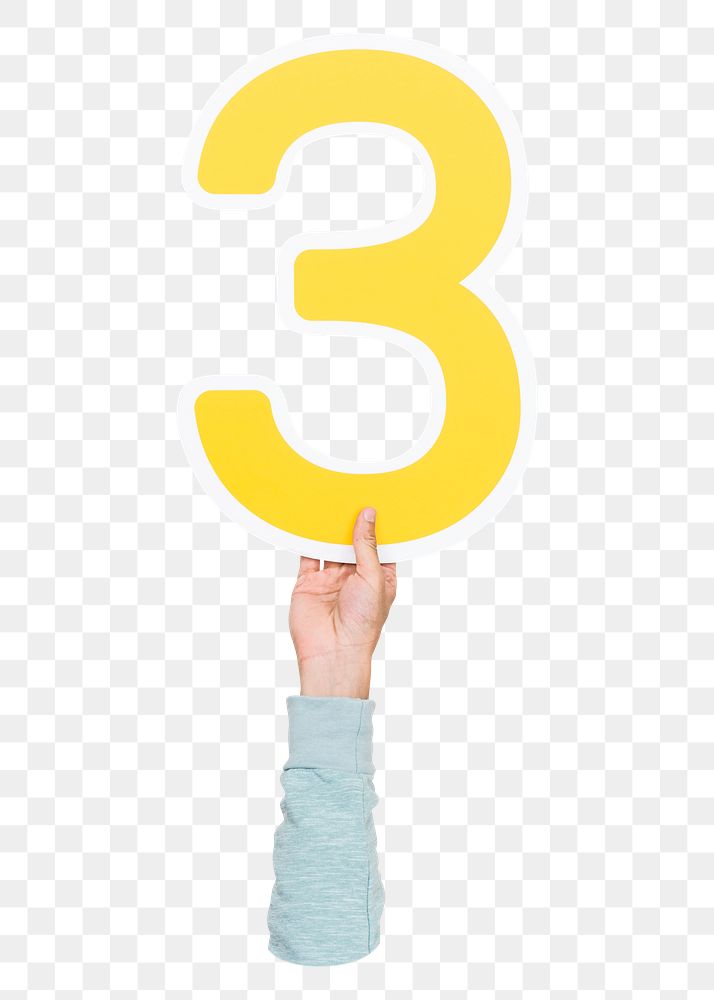 Number three png hand holding sign, transparent background