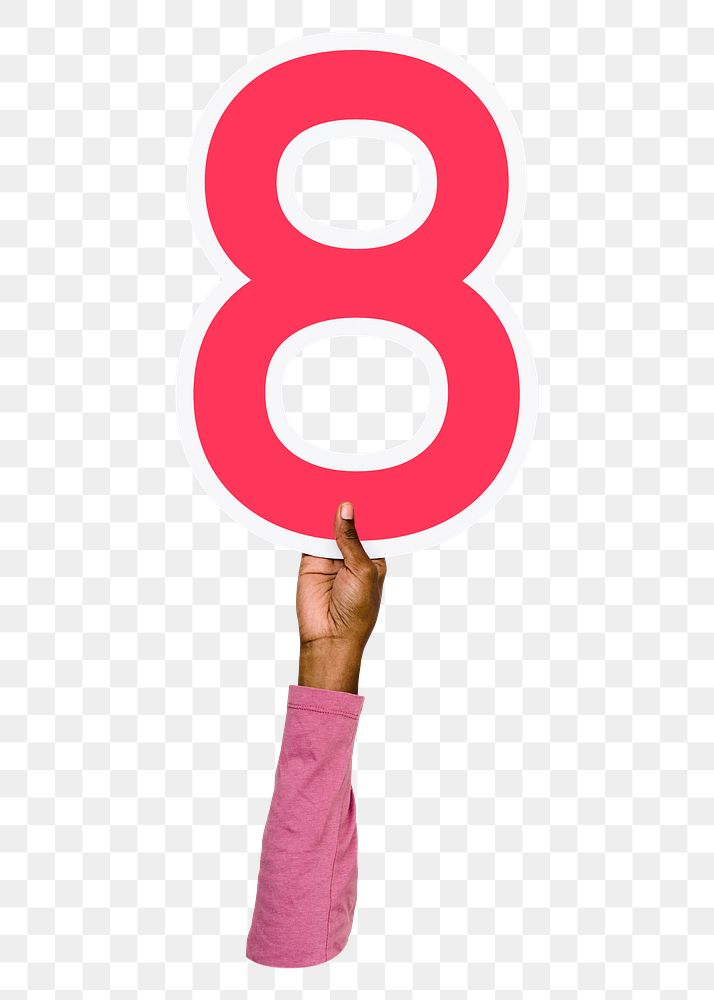 Number eight png hand holding sign, transparent background