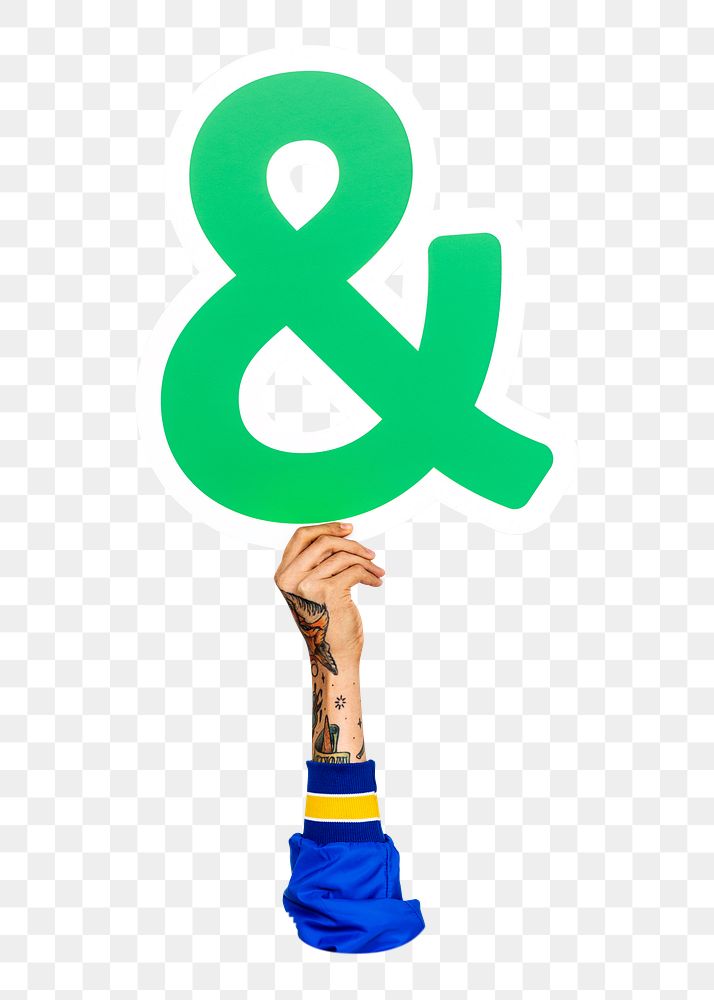 Ampersand png hand holding sign, transparent background