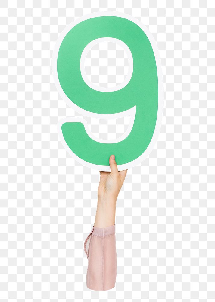 Number nine png hand holding sign, transparent background