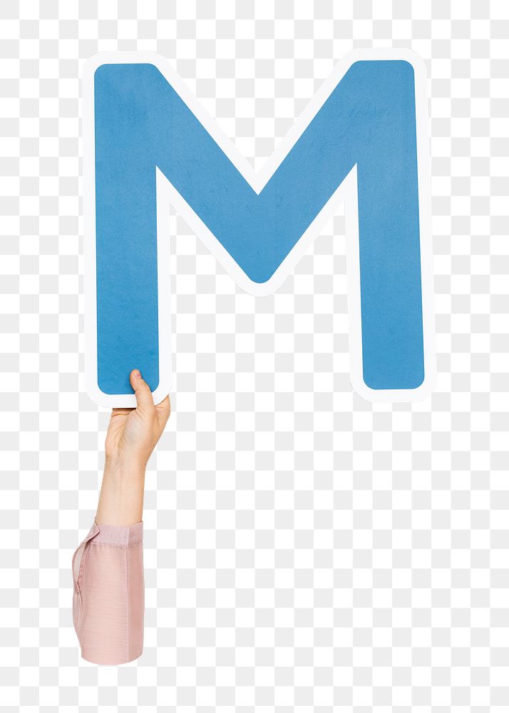 Letter M png hand holding sign, transparent background